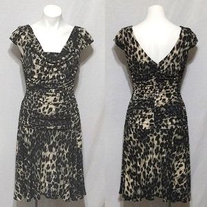 Night Way Collections Leopard Print Cowl Neck Ruched Flowy Dress Sz 10 Glam Chic